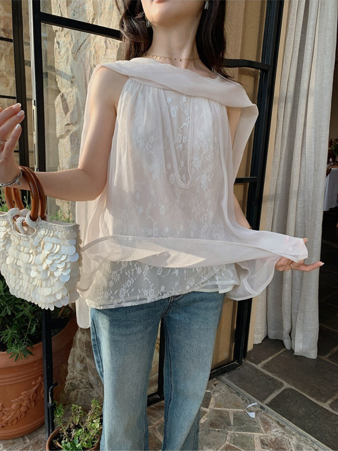 アッシュピンクレースシフォンブラウス