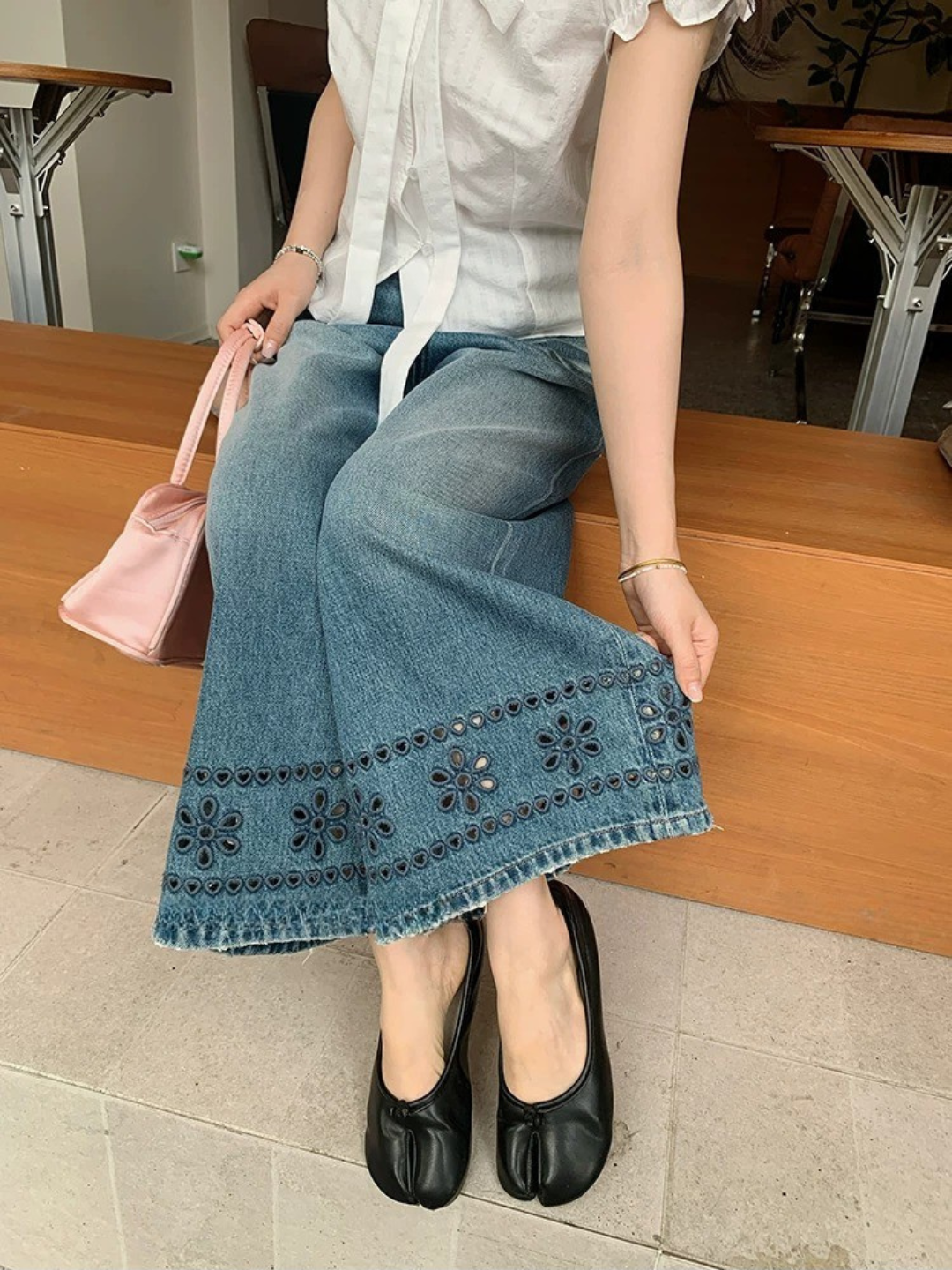 フラワーカットワーク ワイドデニム
