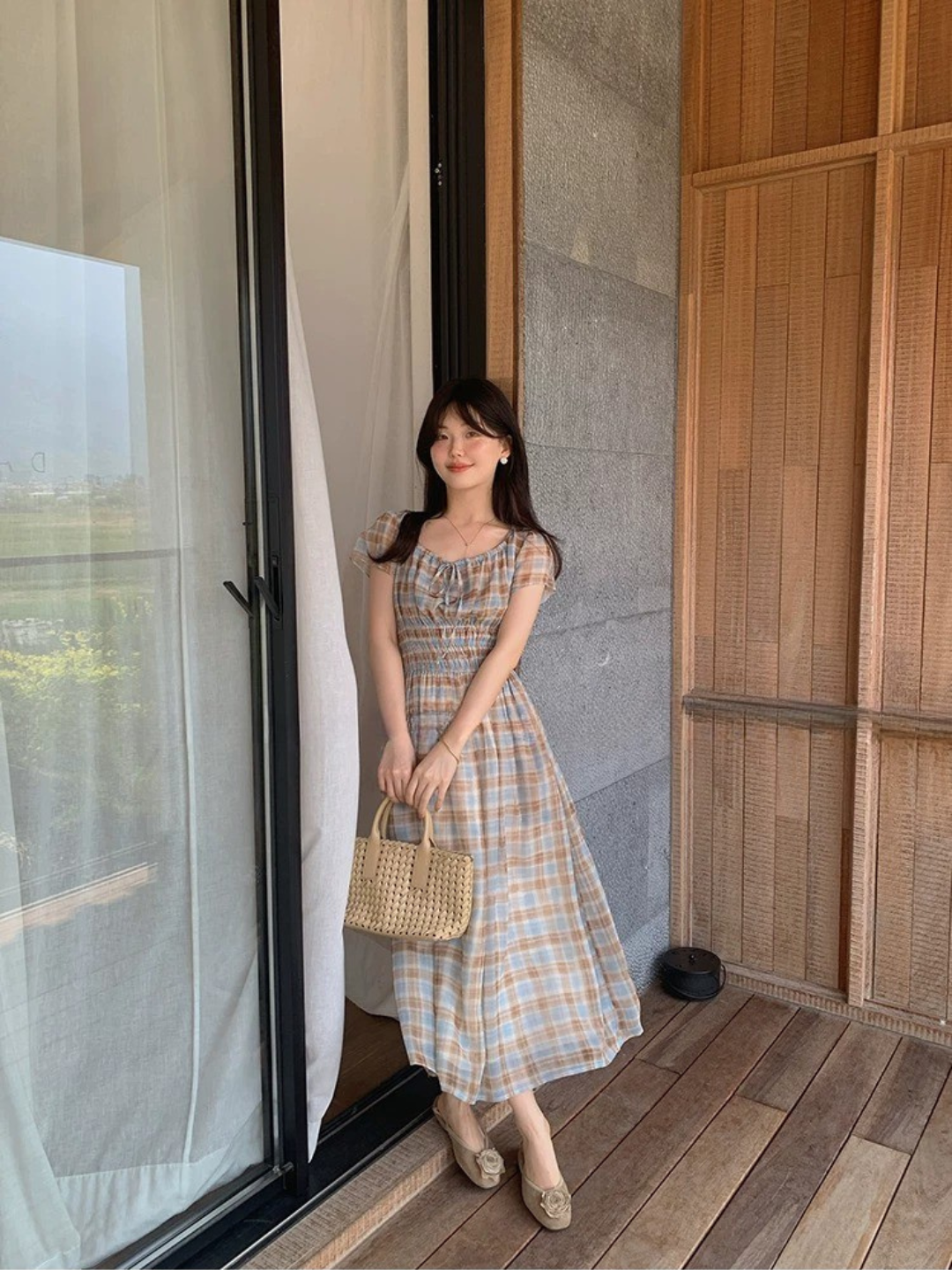 フレンチチェックロングワンピース