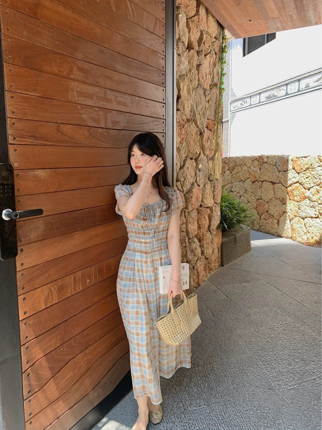フレンチチェックロングワンピース