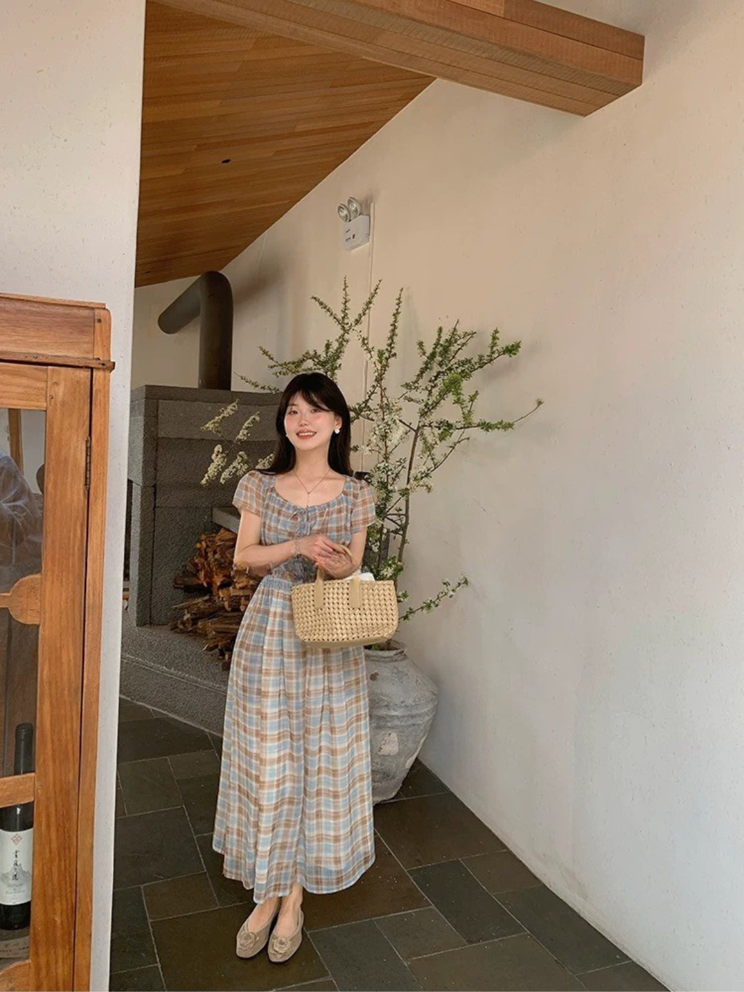 フレンチチェックロングワンピース