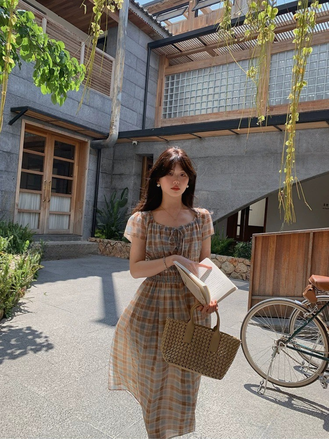 フレンチチェックロングワンピース