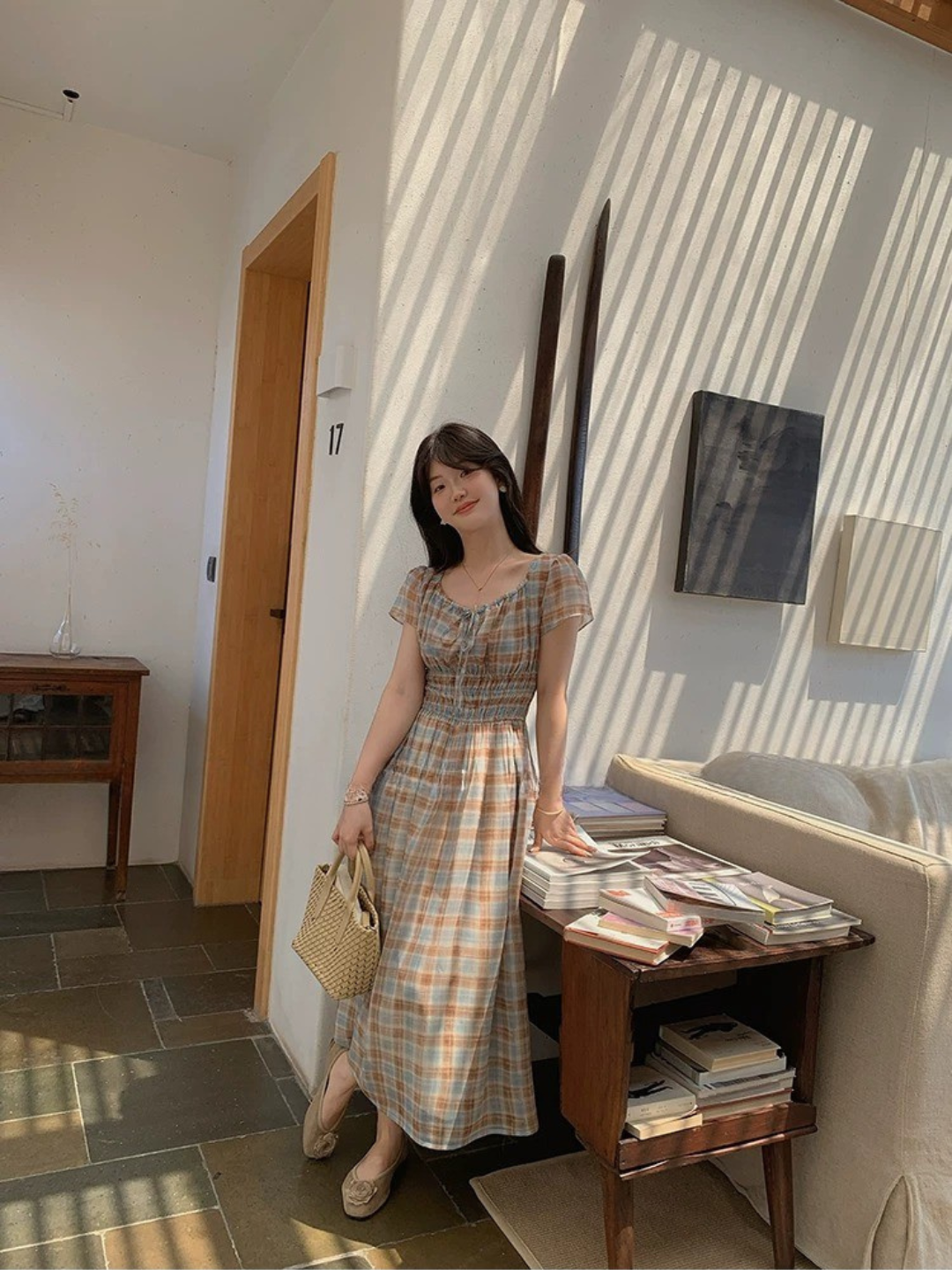 フレンチチェックロングワンピース