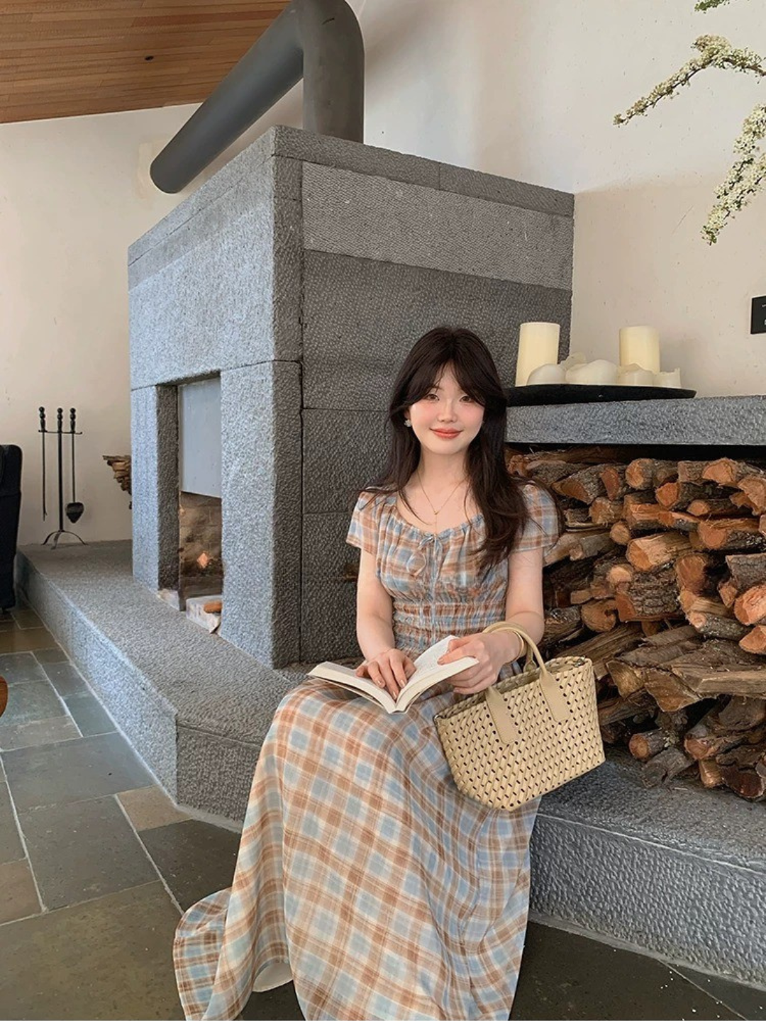 フレンチチェックロングワンピース
