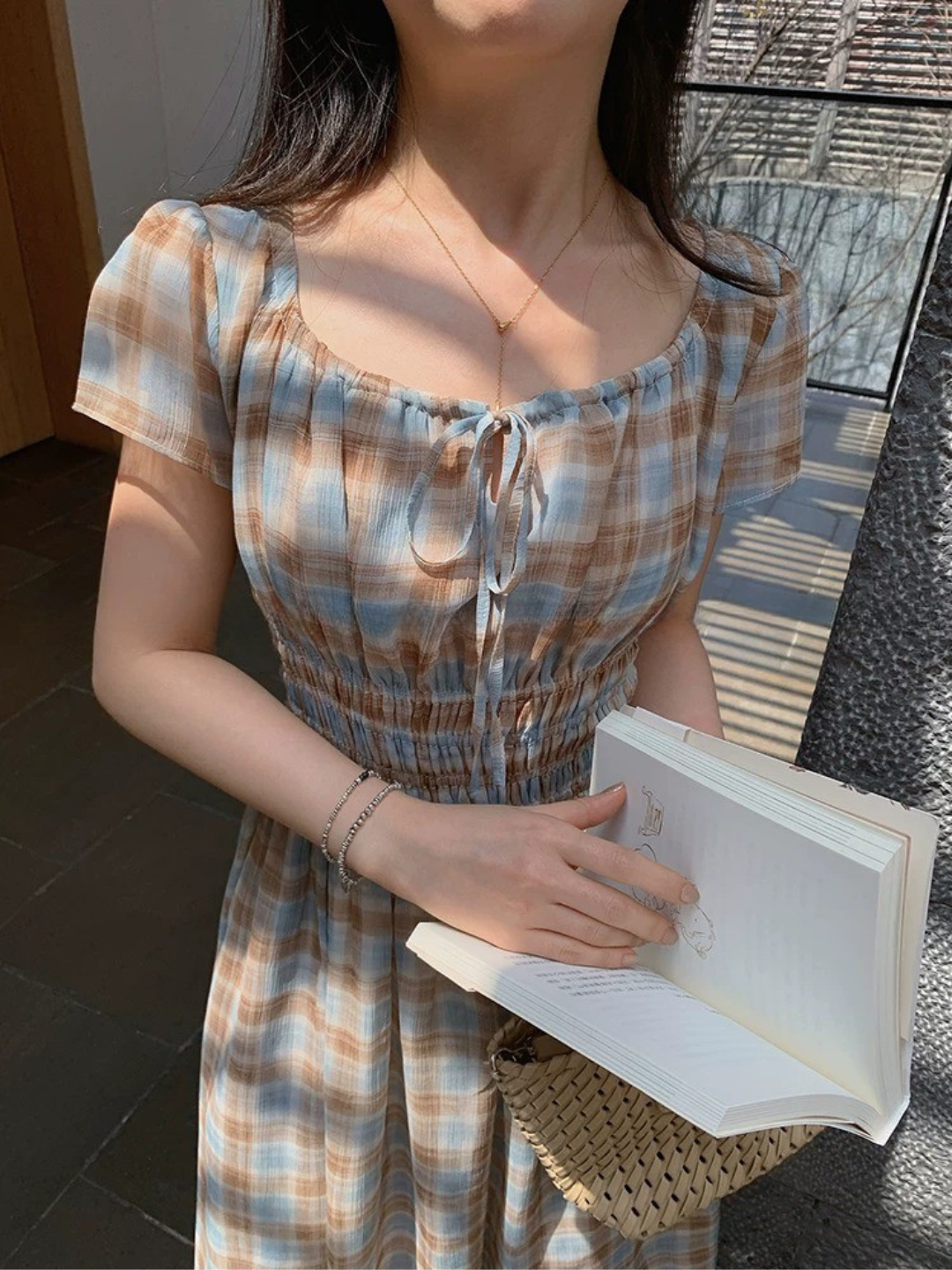 フレンチチェックロングワンピース