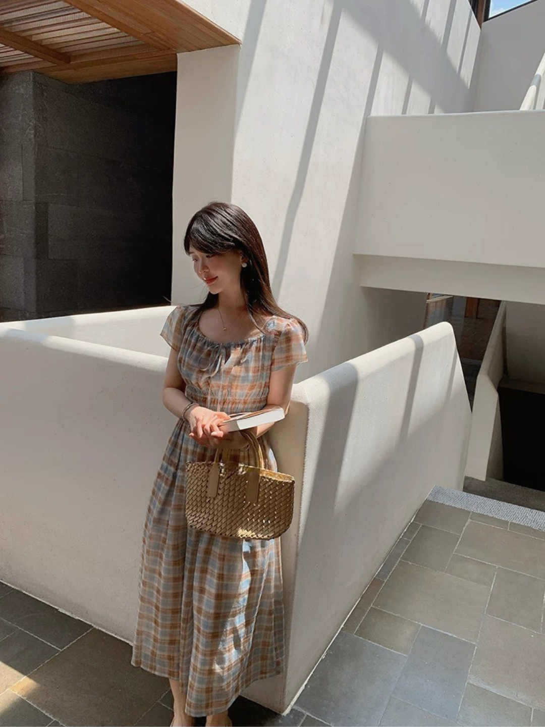 フレンチチェックロングワンピース