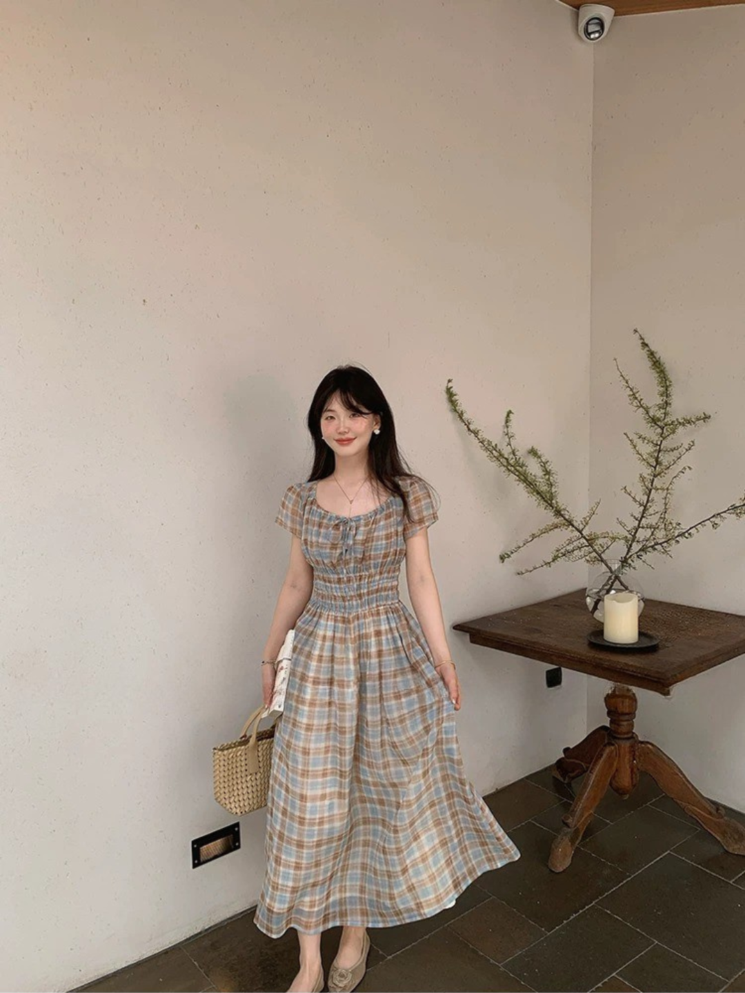 フレンチチェックロングワンピース