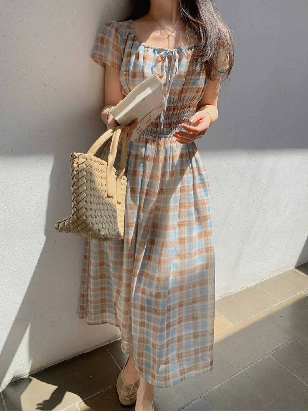 フレンチチェックロングワンピース
